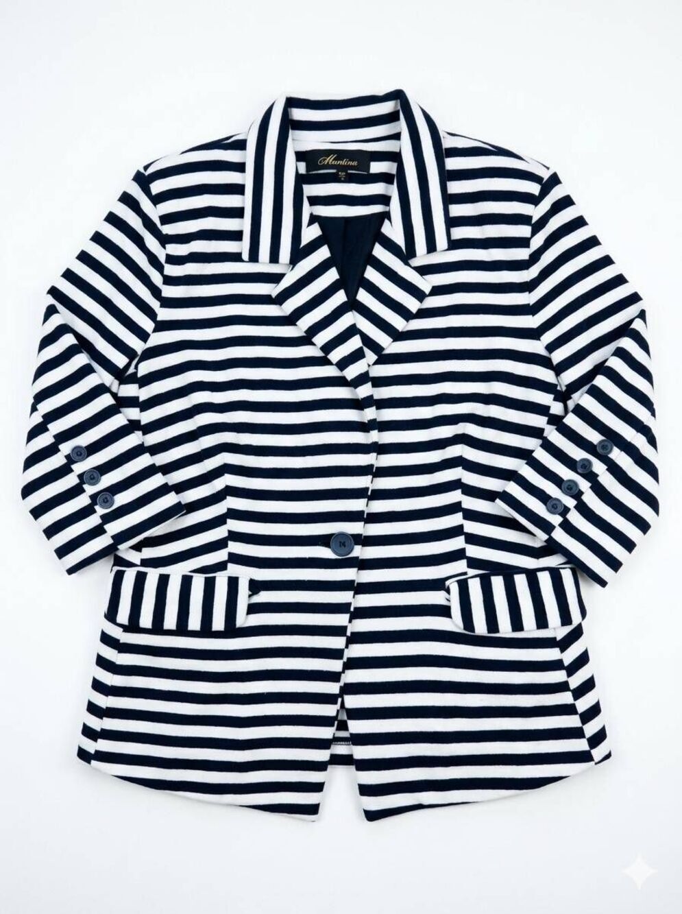 🍑Monteau Blue Striped Single Buttoned 3/4 Sleeve Blazer Large